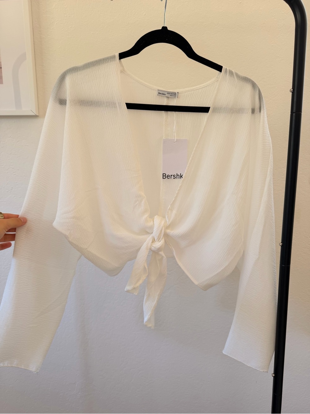 Bershka White Tie-Front Sheer Crop Blouse